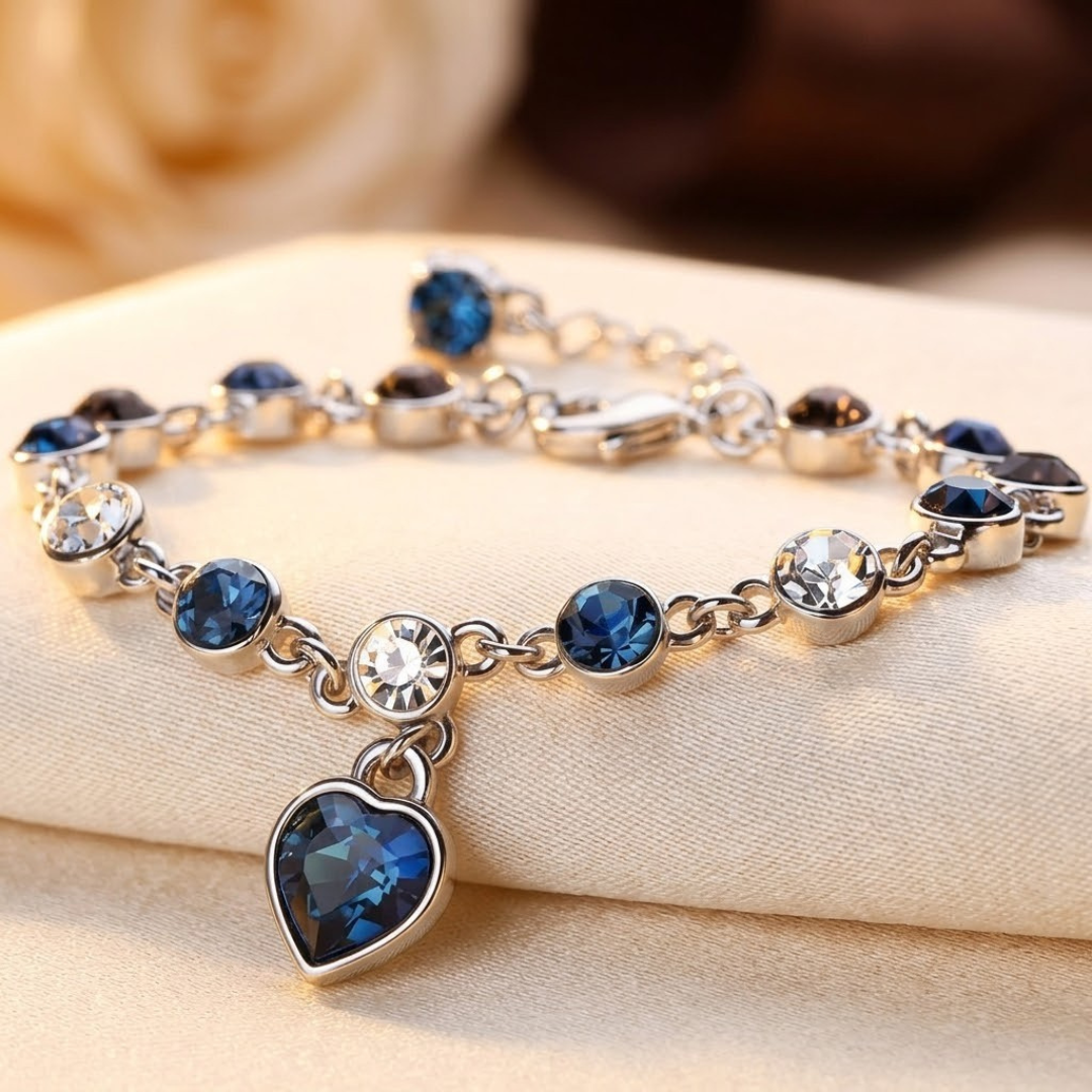 Pulseira de Cadeia com Coração de Safira Prateada
