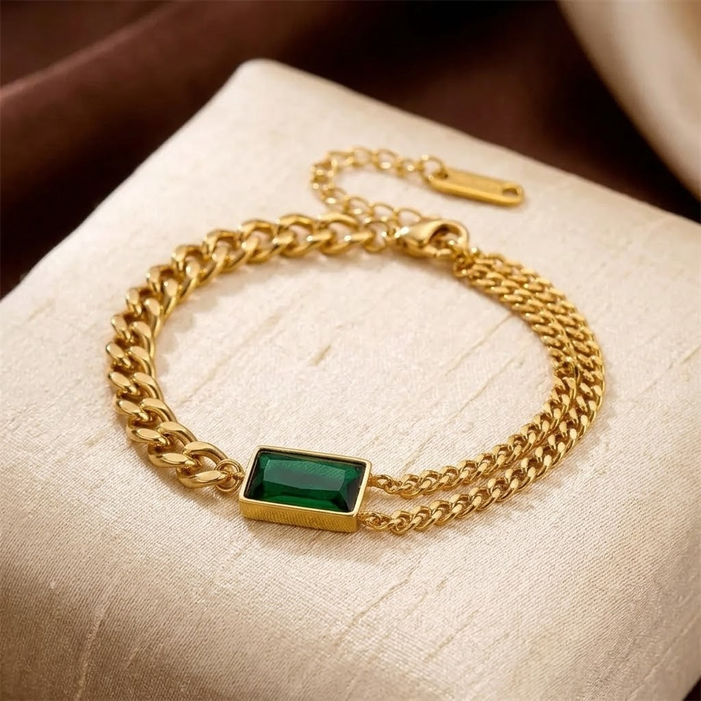 Pulseira de Corrente em Ouro e Esmeralda