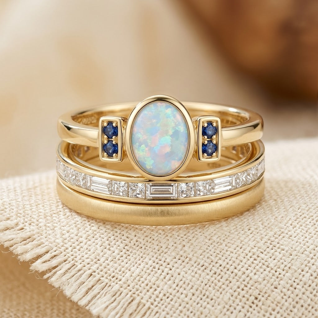 Conjunto de Anéis com Bezel Empilhados em Ouro