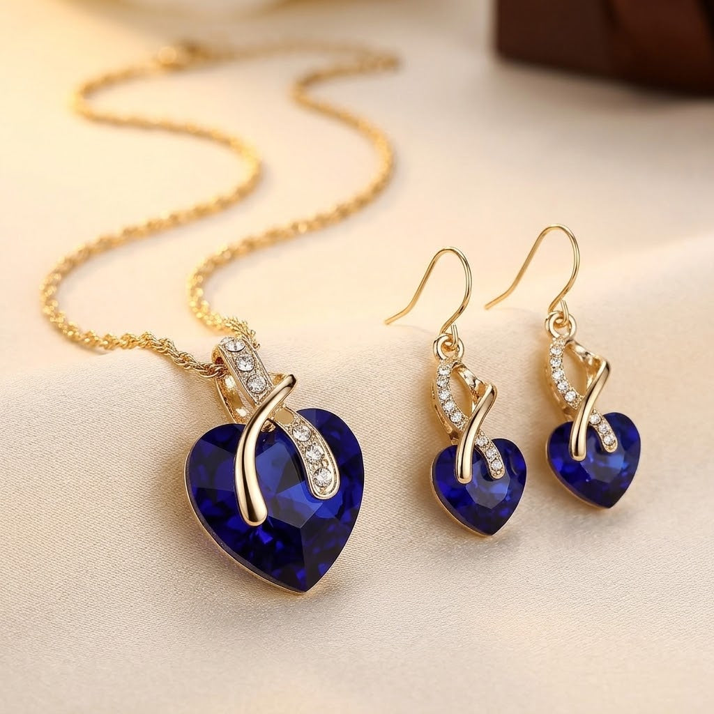 Conjunto de Colar e Brincos em Ouro com Safira em Forma de Coração